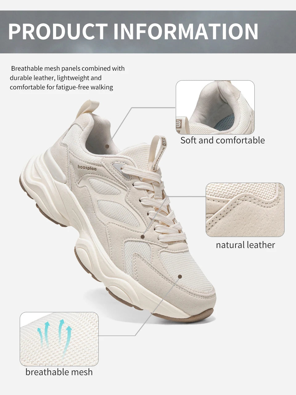Baasploa Women's Walking Shoes Lightweight Mesh Breathable Sport Shoes Comfortable Soft Leather Casual Sneakers