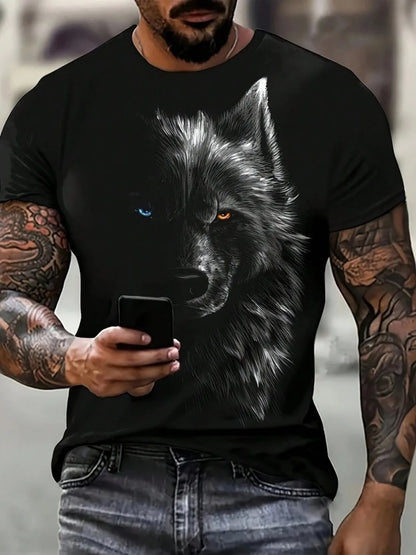Fashionable Summer Men's Dominant Wolf Print Pattern Breathable Round Neck T-shirt Outdoor High Street Casual Top