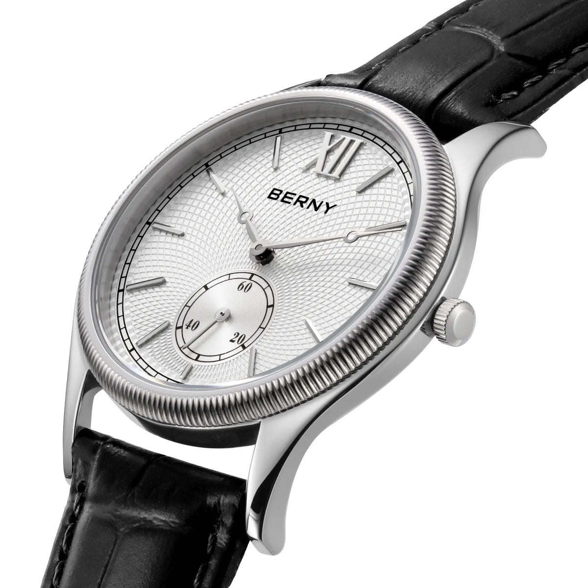 BERNY Men's Watches Luxury Classic Stylish Dress Quartz Watch Slim Stainless Steel Case Elegance Leather Strap Wristwatch