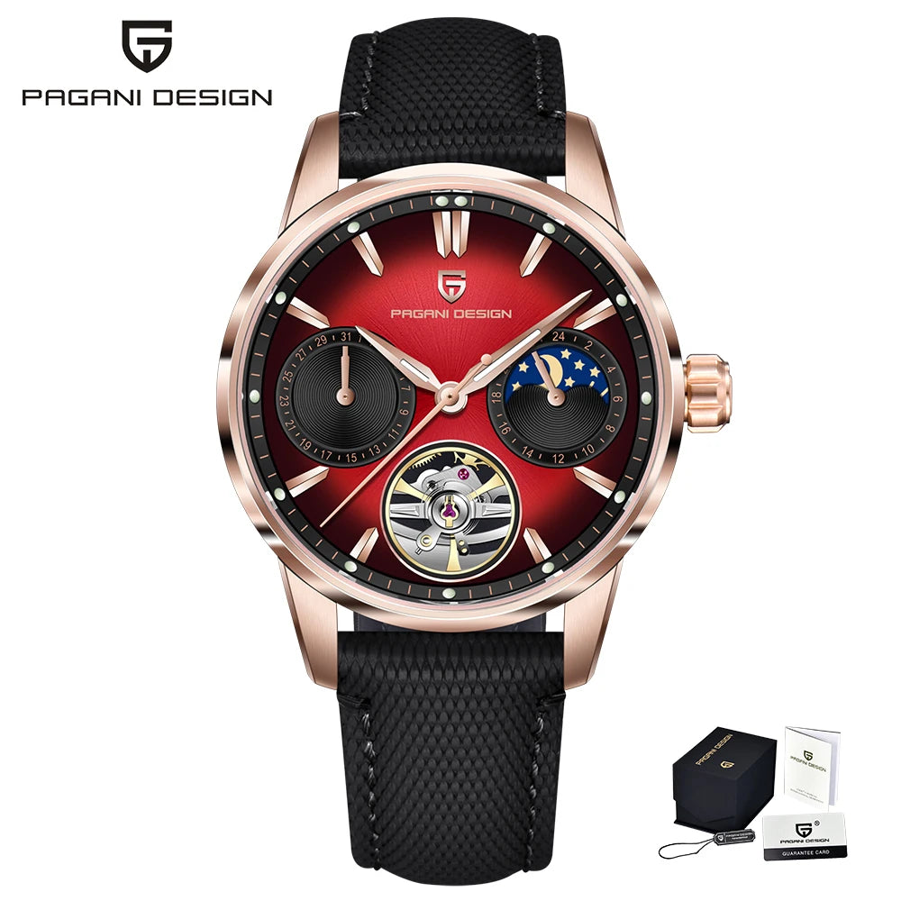 PAGANI DESIGN – luksuzni mehanički sat za muškarce, 41 mm, safirno staklo, kožni remen, vodootporan, u pilotskom stilu, s turbiljonom i fazama mjeseca