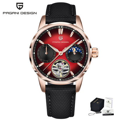 PAGANI DESIGN – luksuzni mehanički sat za muškarce, 41 mm, safirno staklo, kožni remen, vodootporan, u pilotskom stilu, s turbiljonom i fazama mjeseca
