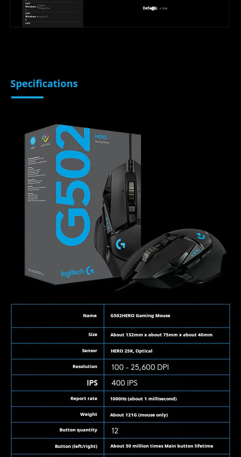 Rato gaming com cabo Logitech G502 HERO para e-sports, rato mecânico RGB com peso ajustável e macro programável para battle royale