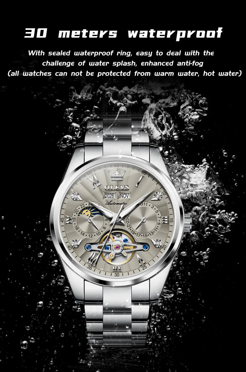 OLEVS 7028 Automatic Mechanical Men's Watch Tourbillon Dial Multifunctional Date Waterproof Luminous Watch for Men