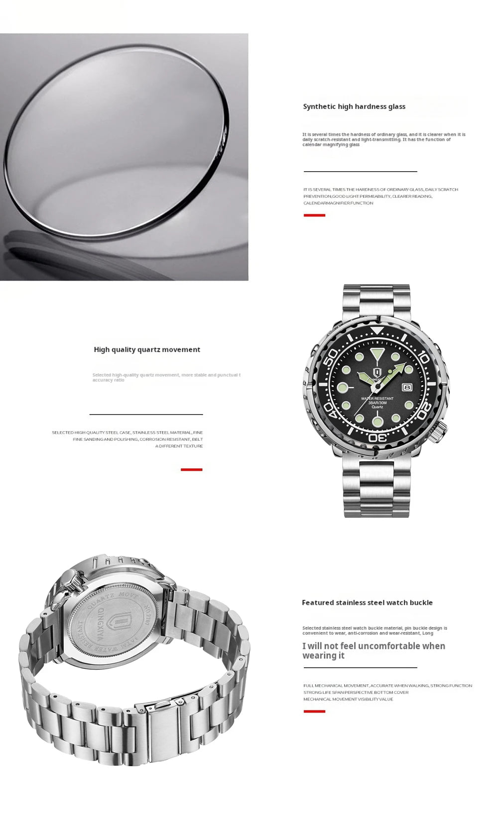 QINGXIYA Mens Watches Fashion Waterproof Luminous Date Rotating Dial High Quality Stainless Steel Luxury Brand Men Quartz Watch