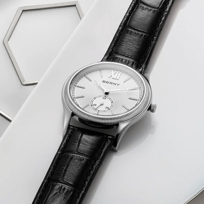 BERNY Men's Watches Luxury Classic Stylish Dress Quartz Watch Slim Stainless Steel Case Elegance Leather Strap Wristwatch