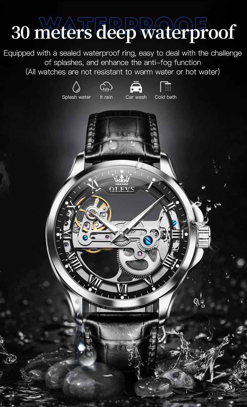 OLEVS 6661 Men's Top Brand Luxury All-Transparent Hollow Mechanical Watch, Original Fashion, Waterproof Classic Design