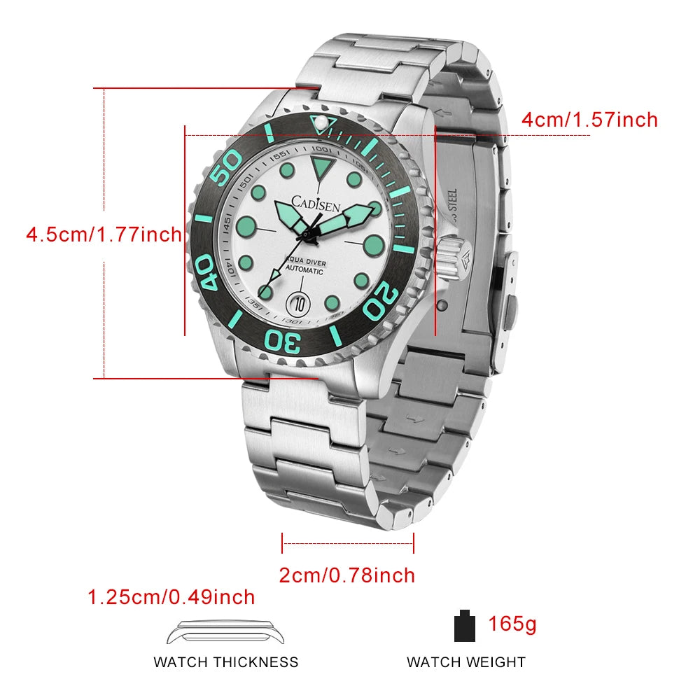 NEW 2026 CADISEN AQUA DIVER Brand Luxury Men Watches Automatic Watch Japan 8215 100M Waterproof Luminous Mechanical Wristwatch