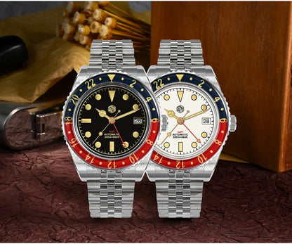 San Martin 40mm SN0005 Retro GMT NH34 Automatic Distressed Patina Dial Bi-color Sapphire Bezel Jubilee Mens Watches 20Bar Lume