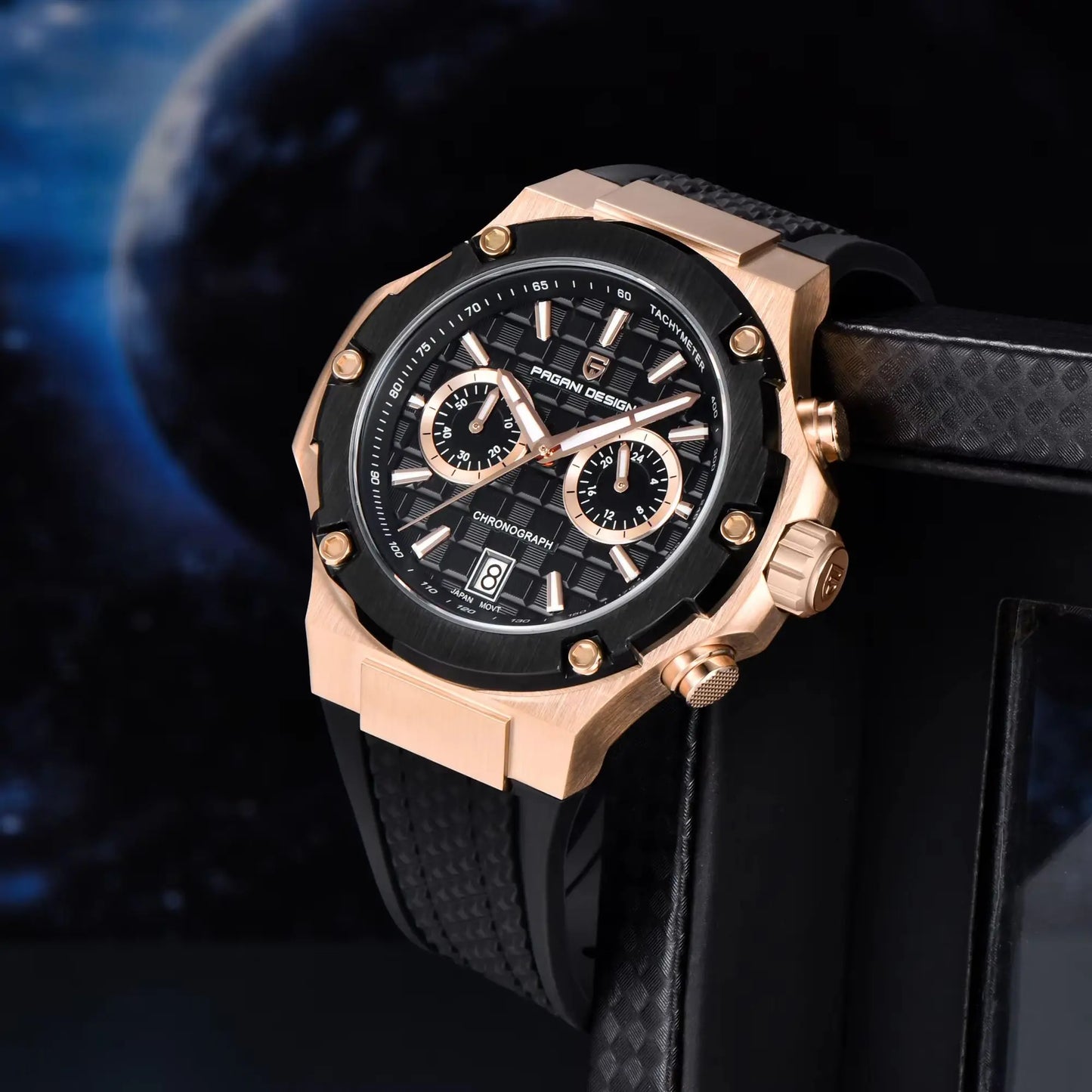 PAGANI DESIGN Men's Watches Luxury Rose Gold Sport Chronograph Japan VK64 Quartz Watch For Men Fluororubber Strap Wristwatch Men
