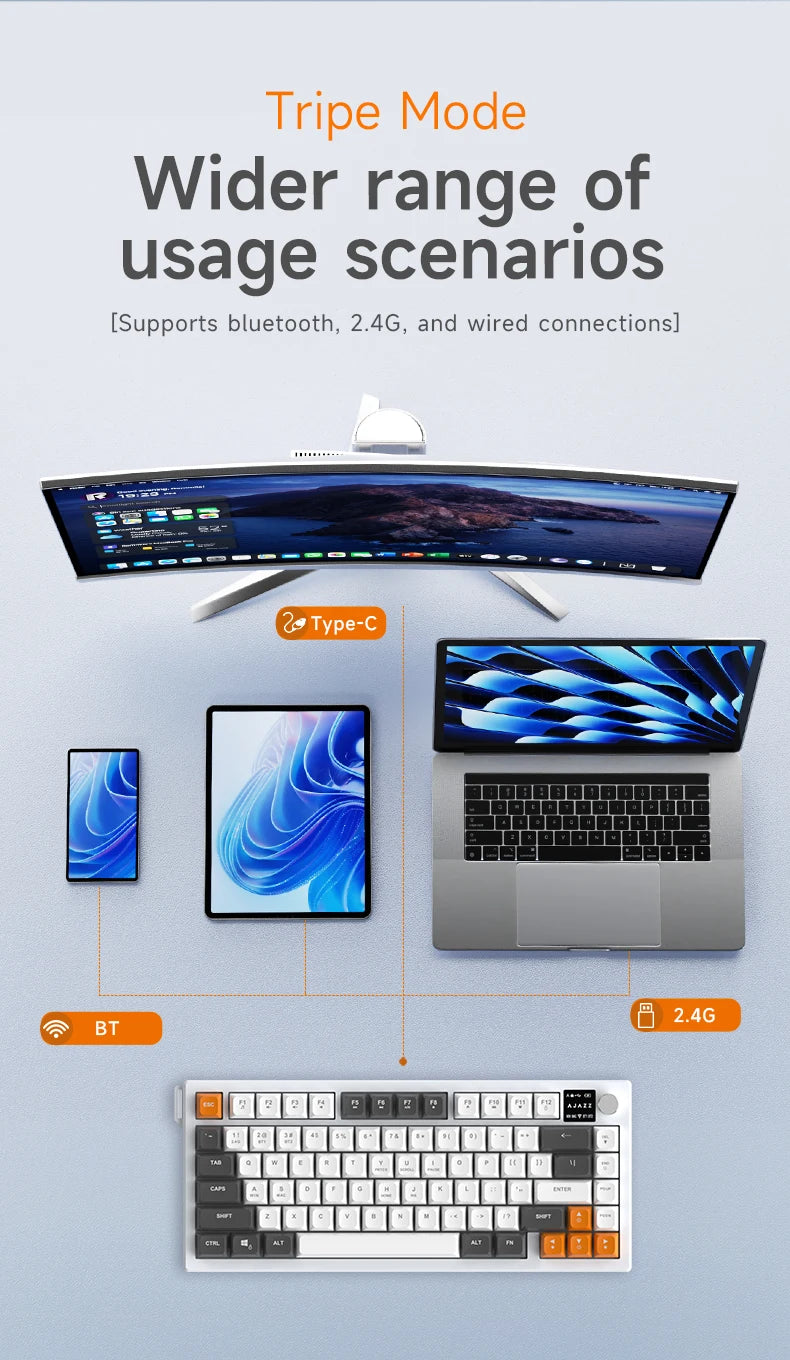 AJAZZ AF82 Low-Profile Electrostatic Keyboard Tri-Mode Wireless 75% Mechanical Gaming Keyboard with Display Screen, Hot-Swappable, 4000mAh Battery