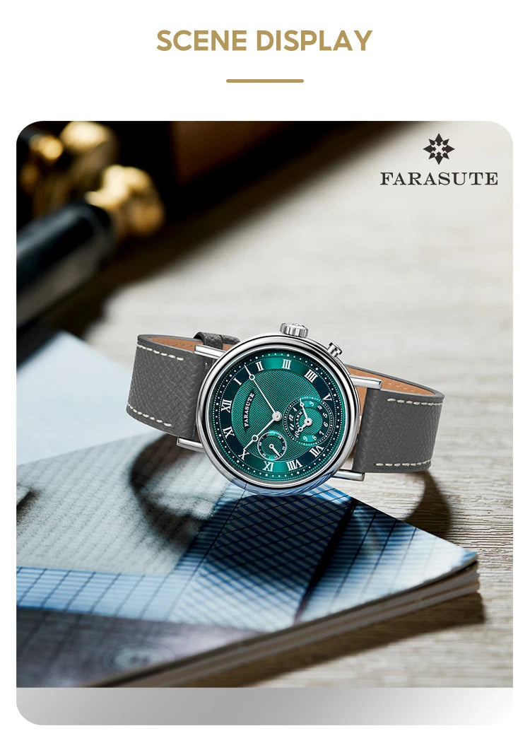 FARASUTE Retro Luxury Alarm Clock Quartz Watch Men Waterproof Night Light Wristwatch Casual Sapphire Stainless Steel Male Reloj