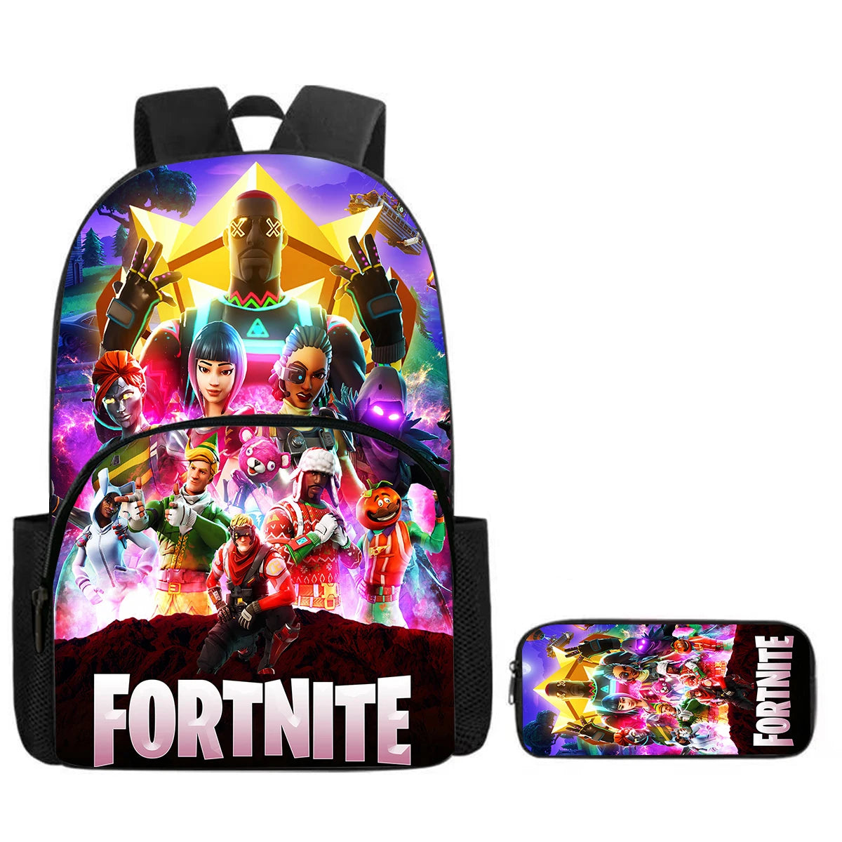 Fortnite Cartoon 2-Piece Set Backpack with Front Pocket Pencil Case Unisex Large Capacity School Bag Ages 5-8