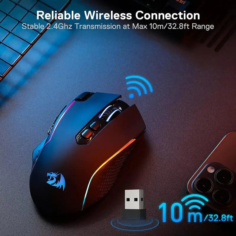 Rato Gaming Sem Fios Redragon M810 Pro, 10000 DPI, Rato Gamer com Fio c/ Tecla Rapid Fire, 8 Botões Macro, Rato Preto/Branco