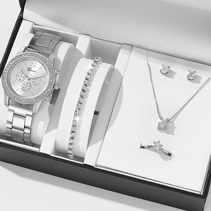 5PCS Quartz Watch Set Women Fashion Silver Round 3 Eyes Alloy Strap Wristwatch Gift Rhinestone Watch For Women Jewelry Set