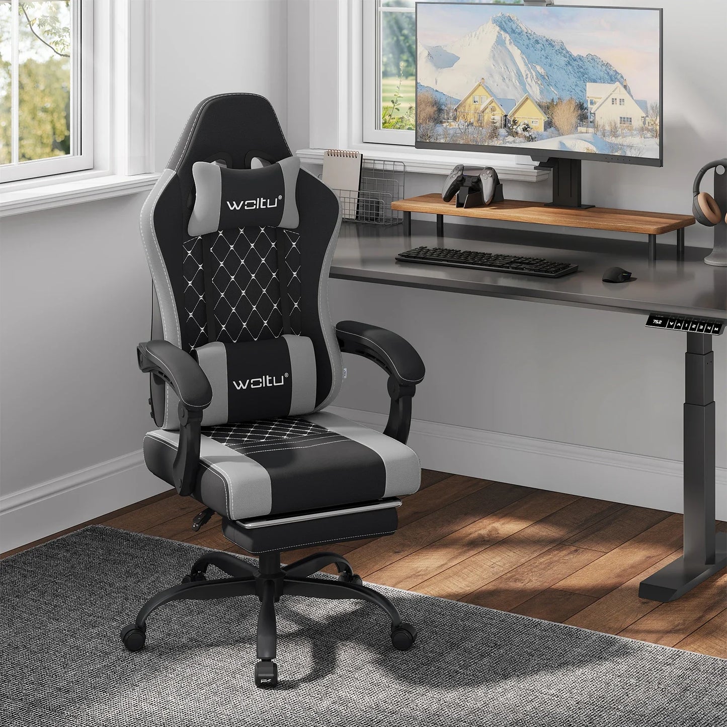 WOLTU Swivel Computer Chair with Massage Function Ergonomic Office Chair with Pillow & Footrest Height Adjustable Gaming Chair
