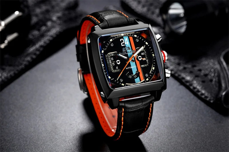 Original Brand Watches For Men Luxury Design Square Mechanical Watch Men Leather Strap Waterproof Date Week Wristwatches Male