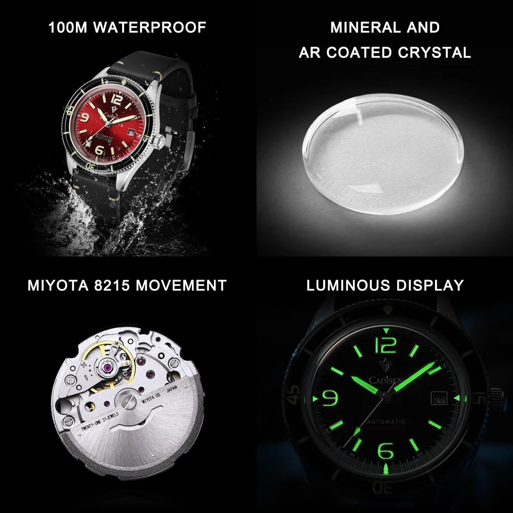 CADISEN 2026 Watch Men Mechanical Wristwatches MIYOTA 8215 Movement Genuine Leather Strap Waterproof Luminous Red Mens Watches