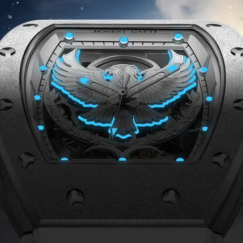 BONEST GATTI Luxury Men Hollow Automatic Mechanical Watches Tonneau Sapphire Crystal Luminous Hollow Eagle Dial Rubber Strapes