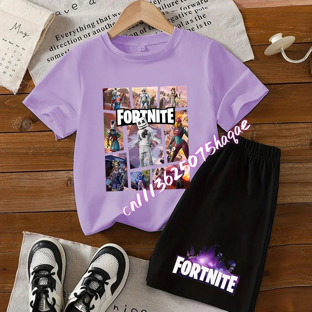 Fortnite T-shirt and Shorts for Boys and Girls Tee Pants Set Summer 2pcs Children Clothing Tops T-shirts Fortnite Print Tees Gift