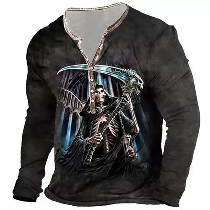 Autumn Skull Henley Shirt 3D Print Streetwear Men's Fashion Vintage Long Sleeve Button T Shirt Men's T Shirt Tops Clothing