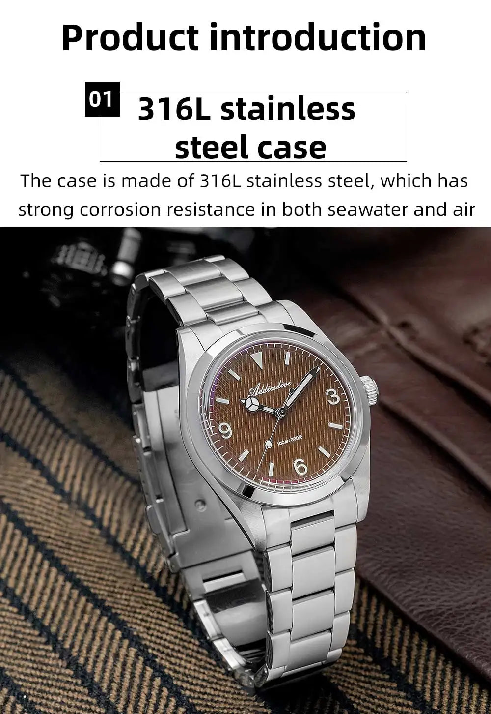 ADDIESDIVE New Men's Analog Watch Bubble Mirror Glass 100m Luminous Men's Quartz Watches with Stainless Steel Bracelet AD2096