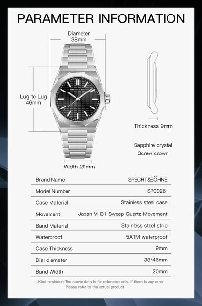 New 2026 Fashion Rare Specht & Söhne Men's Watch Ultrathin 38MM Steel Sapphire Crystal VH31 Quartz Wristwatch Relogio Masculino