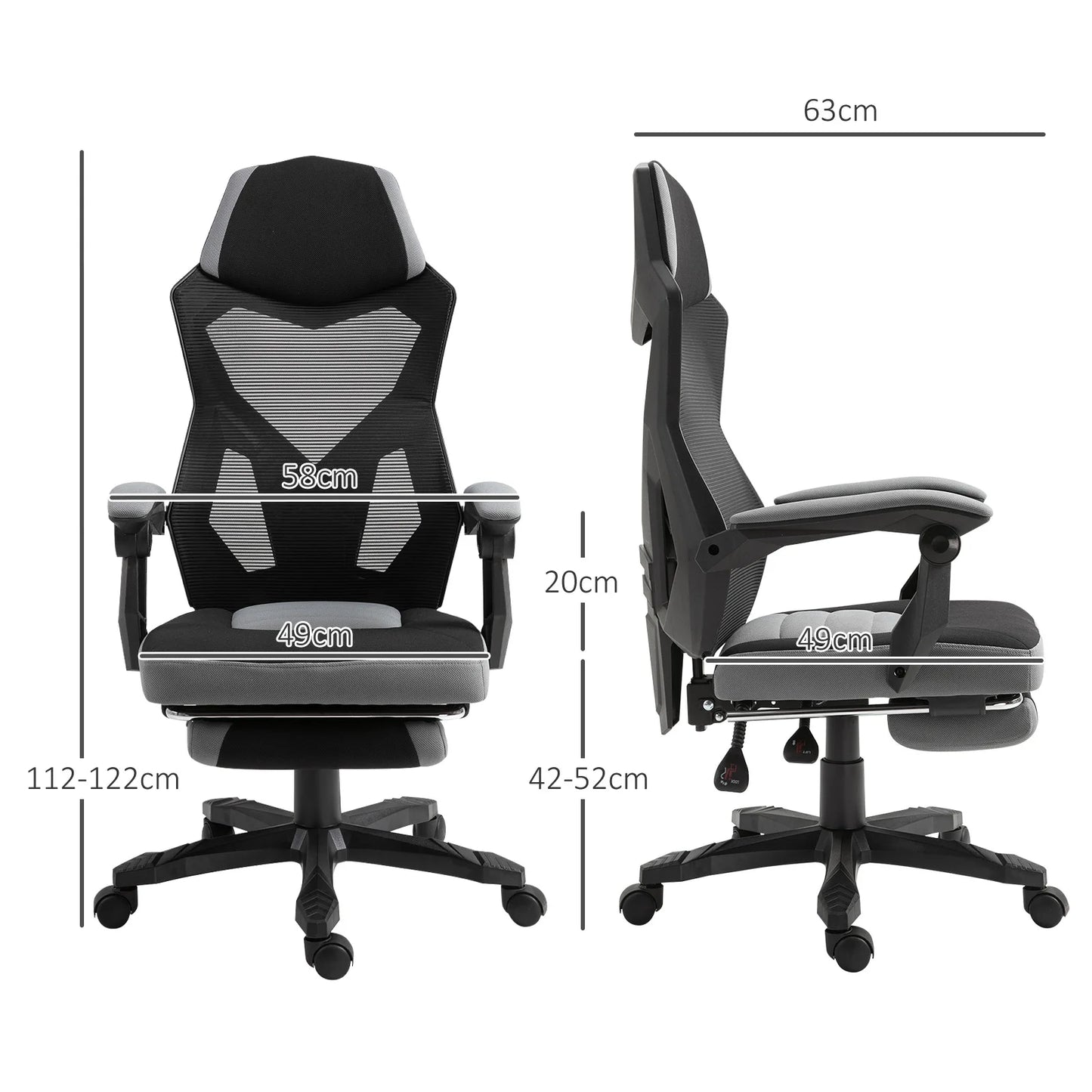 Desk Chair Vinsetto gaming armchair height adjustable back castors pivoting foot fabric mesh rest 58L x 63l x