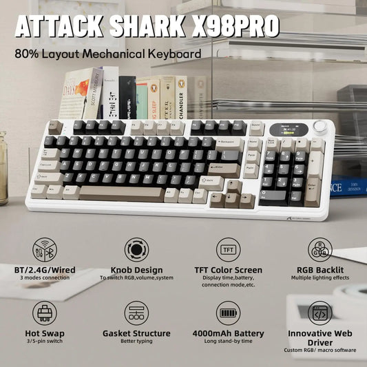 ATTACK SHARK X98Pro Wireless Mechanical Keyboard with Screen & Knob, Tri-Mode Hot Swappable RGB Mechanical Keyboard, Gasket Mounted Gaming Keyboard for PC, Mac & Laptop
