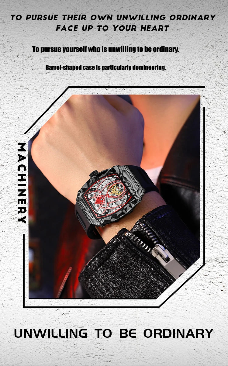 MUSANFIGO automatic hollow mechanical watch, barrel shaped fashionable men's trendy watch, luminous waterproof watch