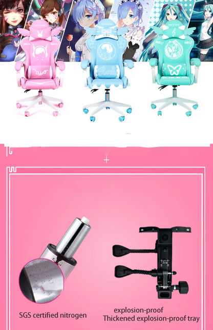 Pink Cartoon Electric Sound Gaming Chair, Rotating Office Chair with Adjustable Height, Latex Cushion, 360° Swivel Computer Chair for Home & Study
