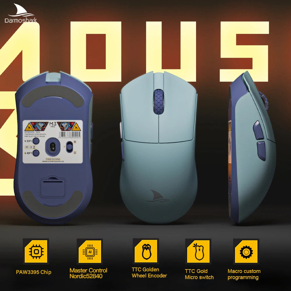 Mouse da gaming Darmoshark M3Pro 2.4G BT wireless tri-mode, sensore PAW3395, N52840, 26000DPI, mouse con driver macro per mani grandi per il gaming