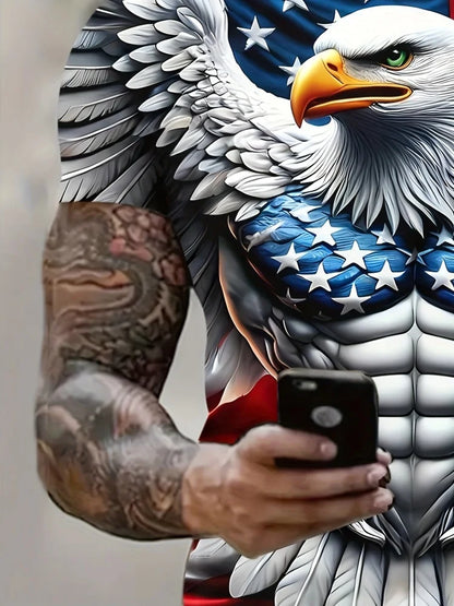Men's Patriotic 3D Eagle Print T-Shirt Casual Crew Neck Short Sleeved Pullover for Summer Fashion Outdoor Activities Men Clothes
