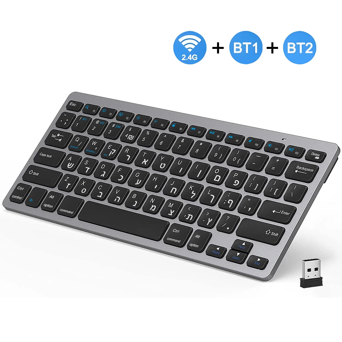 Hebrew English Layout Wireless Keyboard Bluetooth & 2.4G Dual Mode Keyboard Slim and Compact Ergonomic for Windows iOS Android