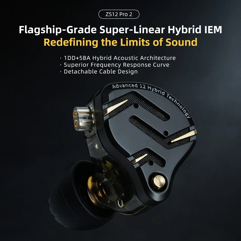 Auriculares IEM Híbridos KZ ZS12 PRO 2 – Auriculares Gaming HiFi com Fio, Graves Potentes e Drivers Superlineares