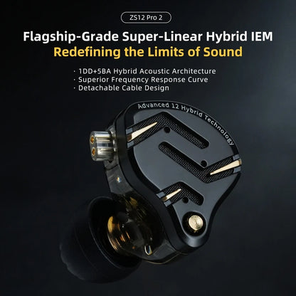 Auriculares IEM Híbridos KZ ZS12 PRO 2 – Auriculares Gaming HiFi com Fio, Graves Potentes e Drivers Superlineares