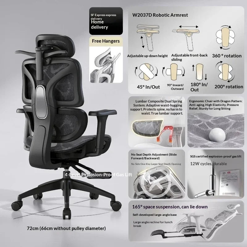 Silla de oficina de malla ergonómica con soporte lumbar ajustable, giratoria y reclinable, con reposacabezas y ruedas, para home office, oficina y gaming
