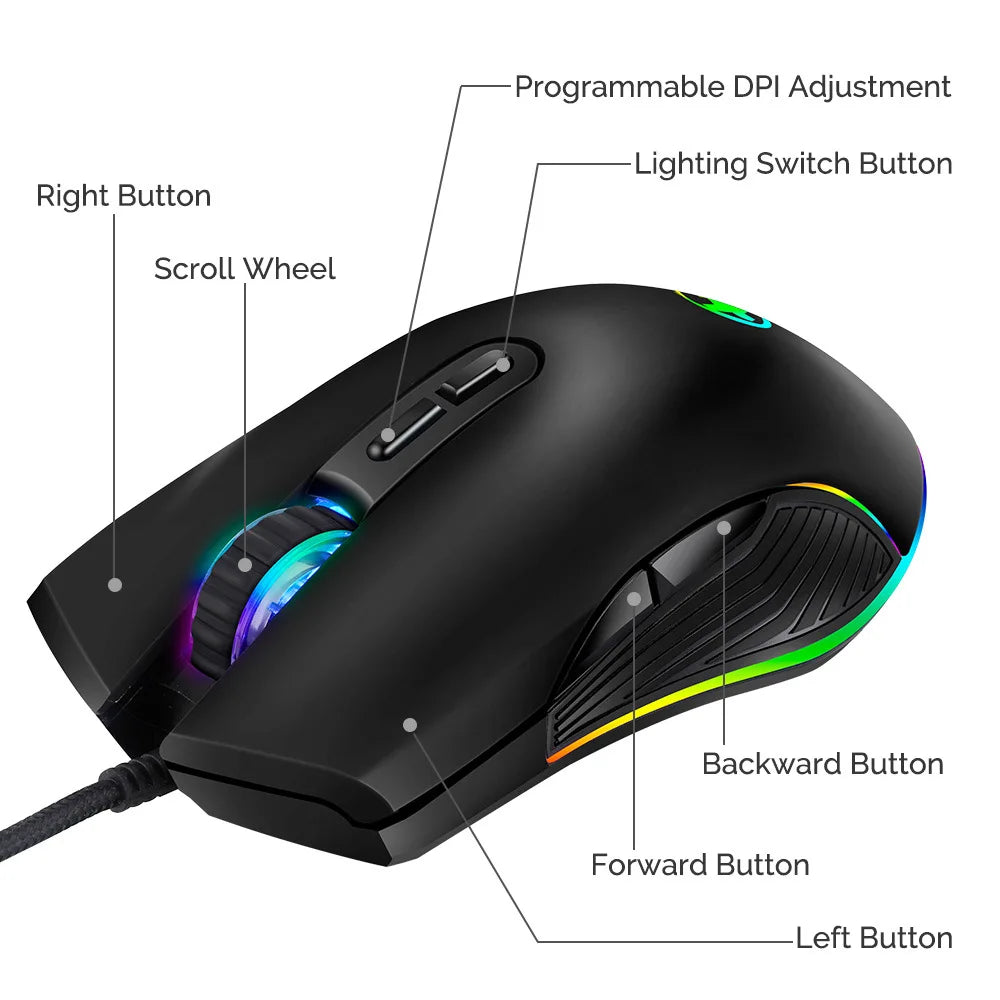 Type-C Hub Wired Mouse Optical Gaming Mouse RGB 4 Backlight Computer Mouse 3200DPI for Apple MacBook Pro Matebook X Any Device