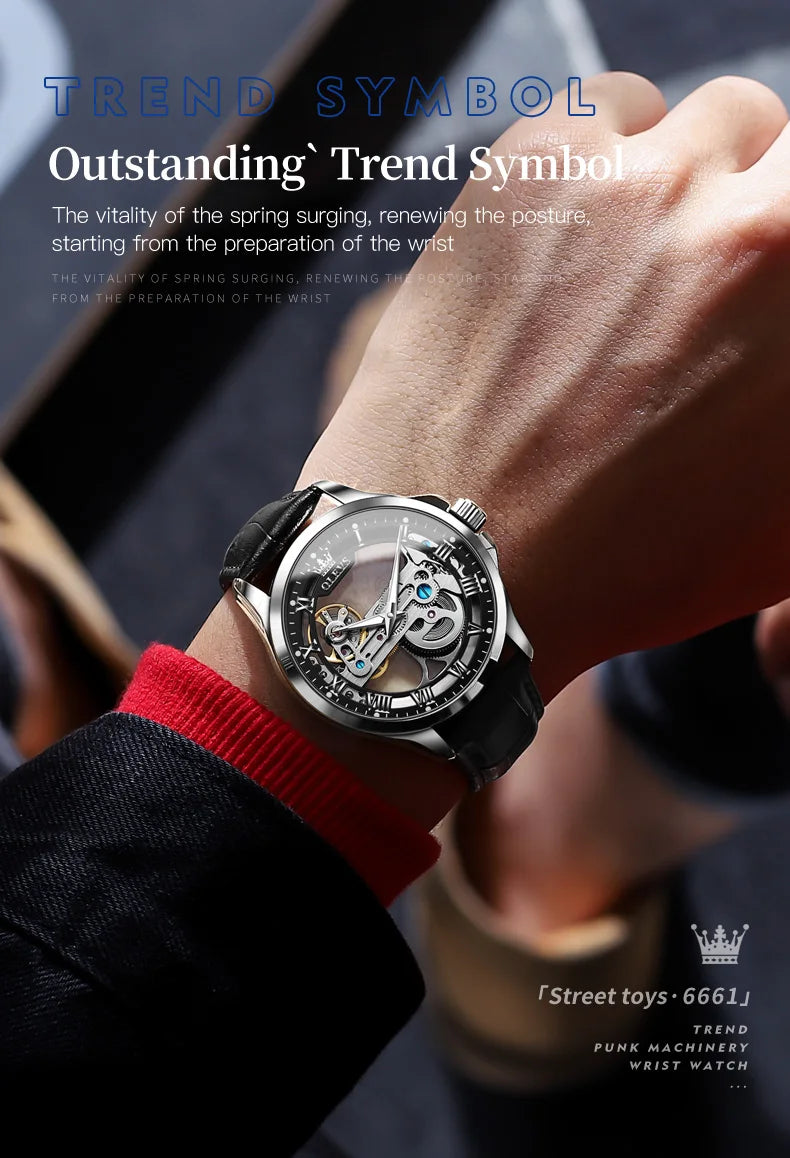 OLEVS 6661 Men's Top Brand Luxury All-Transparent Hollow Mechanical Watch, Original Fashion, Waterproof Classic Design