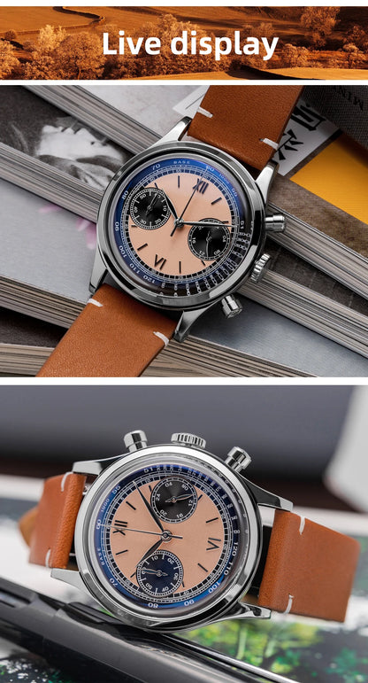 ADDIESDIVE AD2037 Men Quartz Watch Multifunctional 24 Hour Chronograph Black Dial Leather Watches  100m Dive Business Wristwatch
