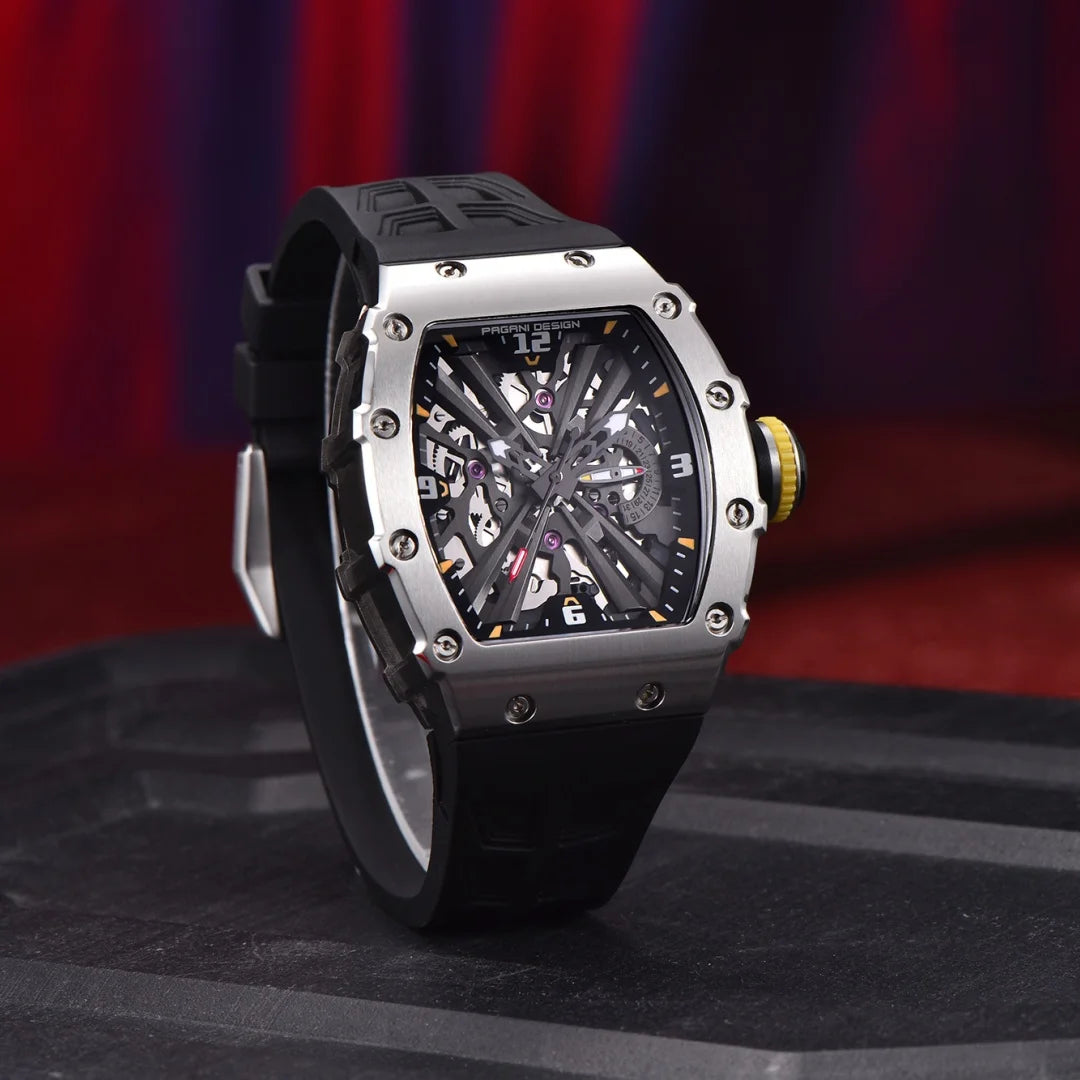 2026 Neue PAGANI DESIGN Herren-Quarzuhr VH65-Uhrwerk, Skeleton-Zifferblatt, 100M wasserdicht, sportliche rechteckige Uhr mit Saphirglas für Herren