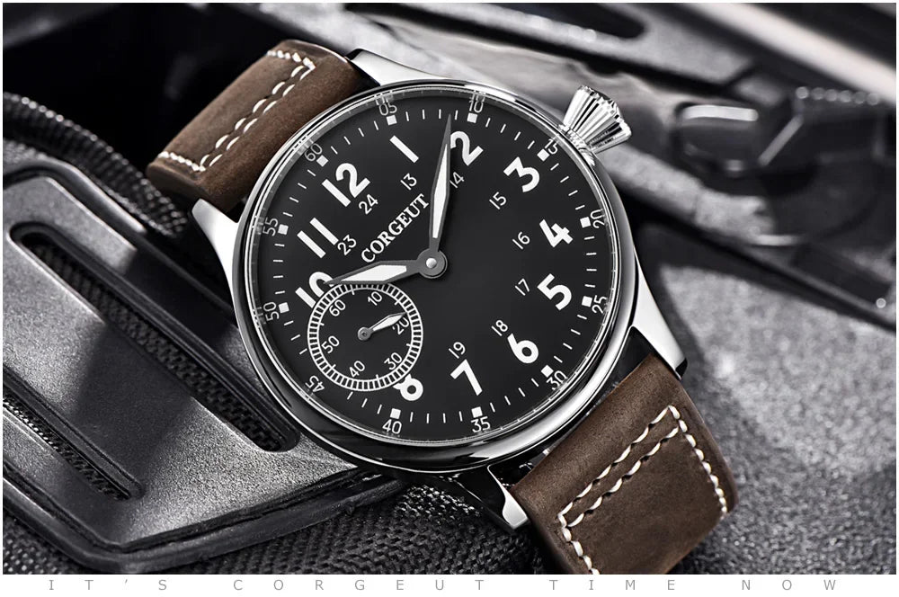 Corgeut 44mm Leather Luminous Mechanical Hand Winding Watch For Men 17 Jewels ST3600 Seagull 6497 Movement Sport Wristwatches