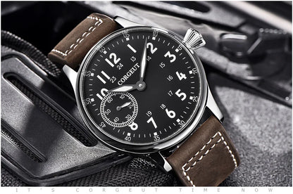 Corgeut 44mm Leather Luminous Mechanical Hand Winding Watch For Men 17 Jewels ST3600 Seagull 6497 Movement Sport Wristwatches