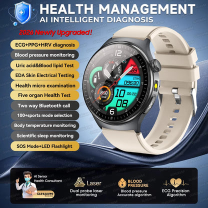 2026 AI Health Smartwatch ECG + PPG, Blood Pressure, Uric Acid & Body Fat Monitoring, AMOLED Display & Bluetooth Calling