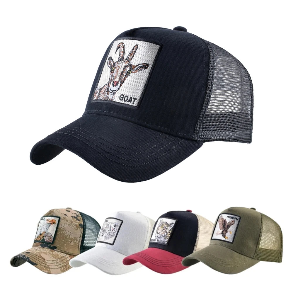 Gorras trucker de moda con parche bordado de cabra, snapback para las cuatro estaciones, gorra de béisbol para hombre y mujer con visera ajustable