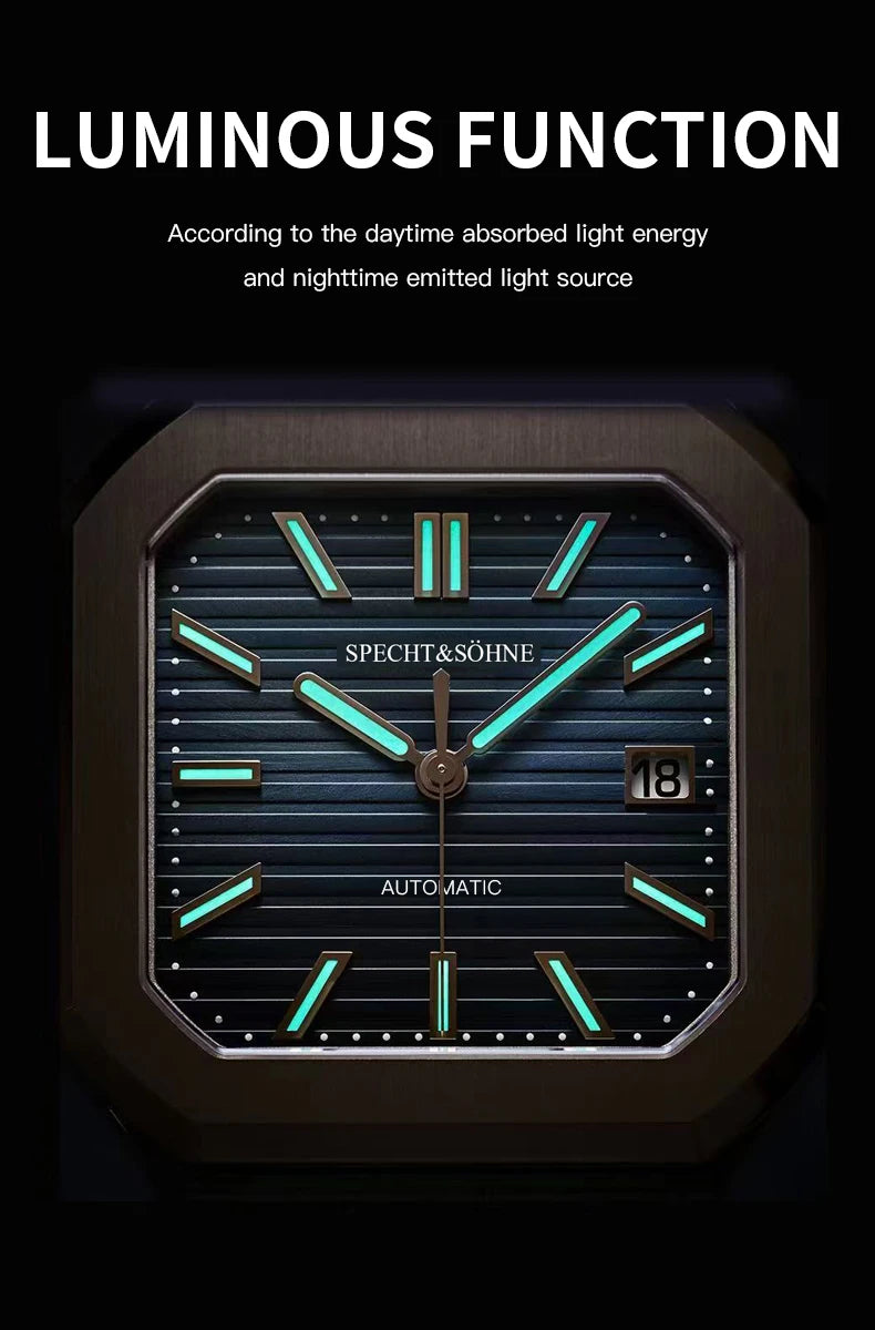 2025 Specht & Söhne Men's Classic Cubic Automatic Mechanical Watch 50M Waterproof Luminous Sapphire Crystal Reloj Hombre 41MM