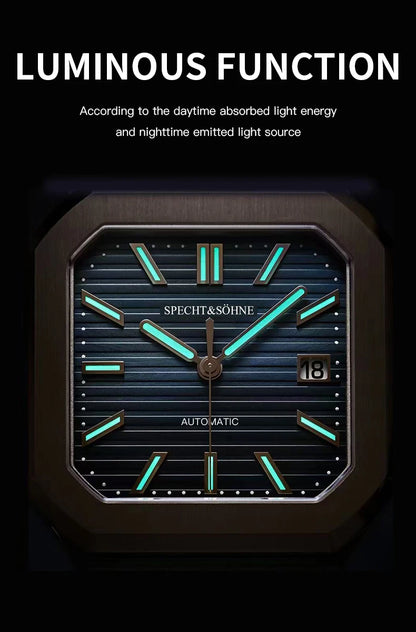 2025 Specht & Söhne Men's Classic Cubic Automatic Mechanical Watch 50M Waterproof Luminous Sapphire Crystal Reloj Hombre 41MM