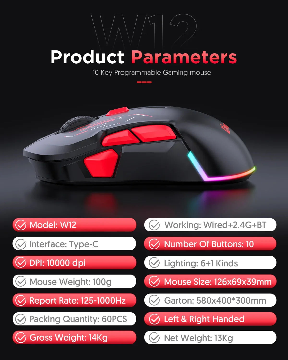 MKESPN W12 10-knappers makro-gamingmus til begge hænder, trådløs Bluetooth, multikanal, tri-mode, stor RGB, ergonomisk og ambidekstral