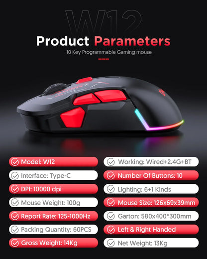 MKESPN W12 10-knappers makro-gamingmus til begge hænder, trådløs Bluetooth, multikanal, tri-mode, stor RGB, ergonomisk og ambidekstral