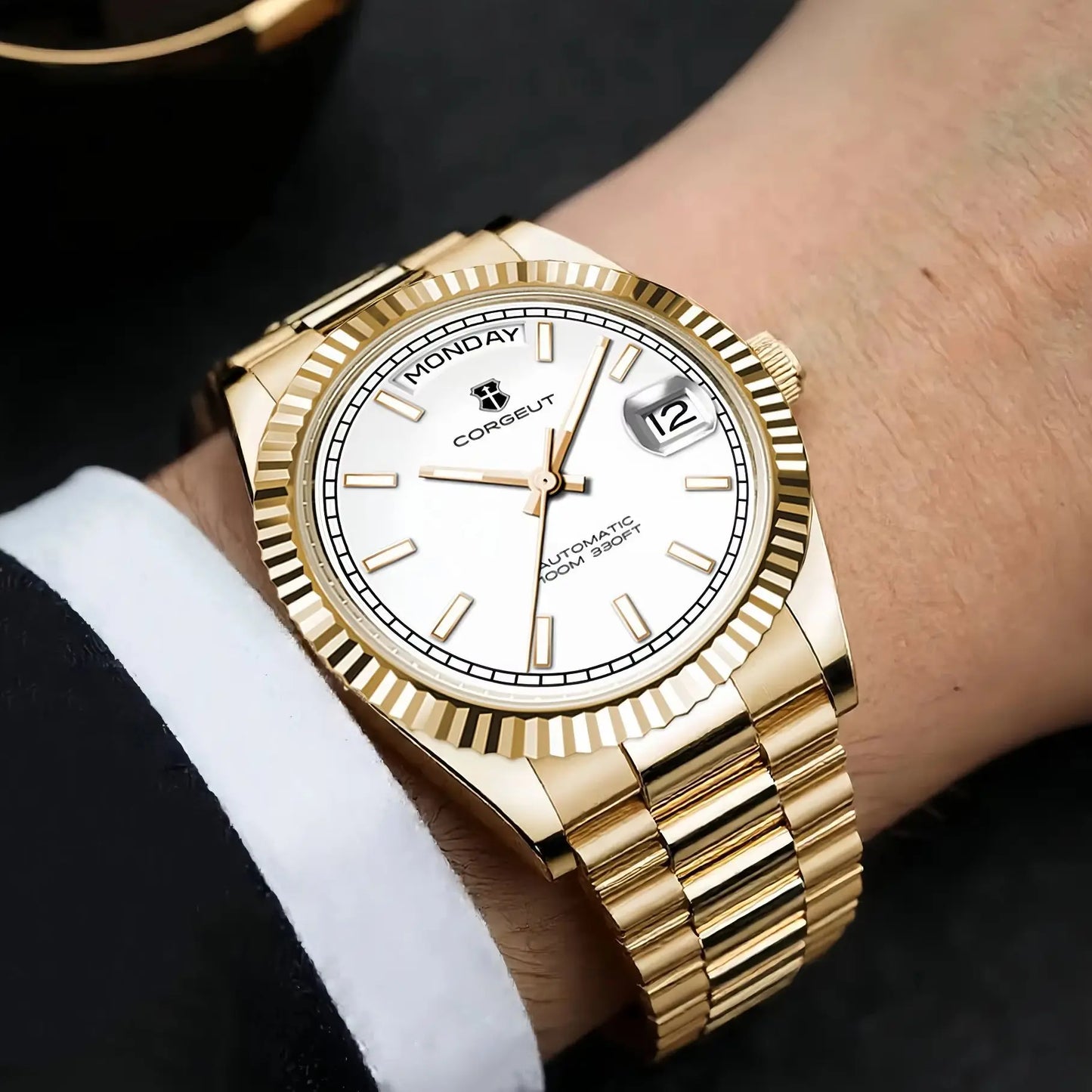 Orologio meccanico da uomo CORGEUT NH36 con indicazione di giorno e data, bracciale President, cassa in acciaio, lunetta arcuata filettata, impermeabile