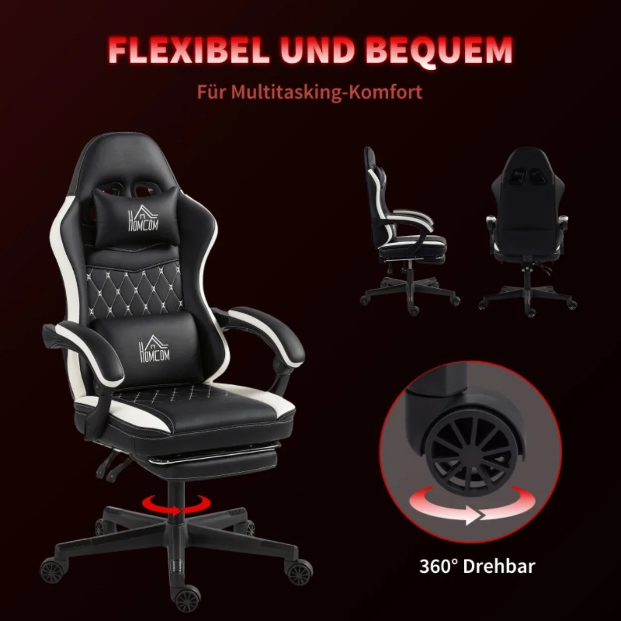 Gaming Chair with Footrest, Computer Chair with Headrest & Cushions, Faux Leather Upholstery, Swivel, Height-Adjustable